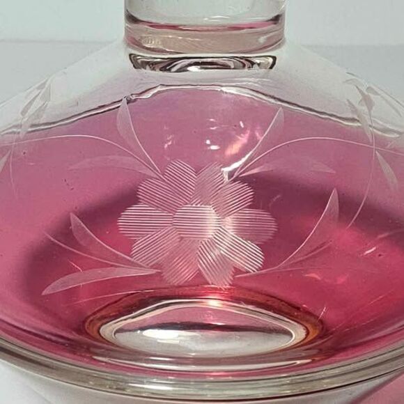 Cranberry Glass Candy Dish Etched Vintage - Picture 3 of 7